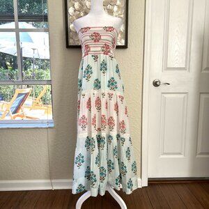 Strapless White, Blue & Pink Floral Tiered Maxi Dress